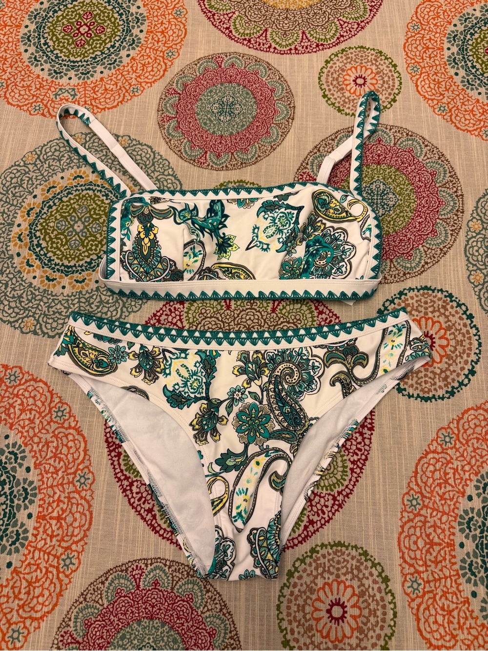 GORGEOUS White Paisley Two-Piece Bikini with Teal Trim